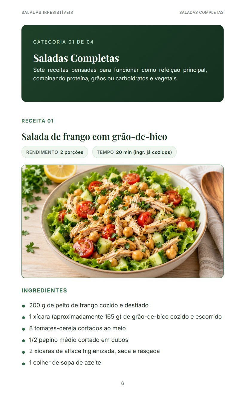 Página real de uma receita do ebook, com foto, ingredientes e modo de preparo