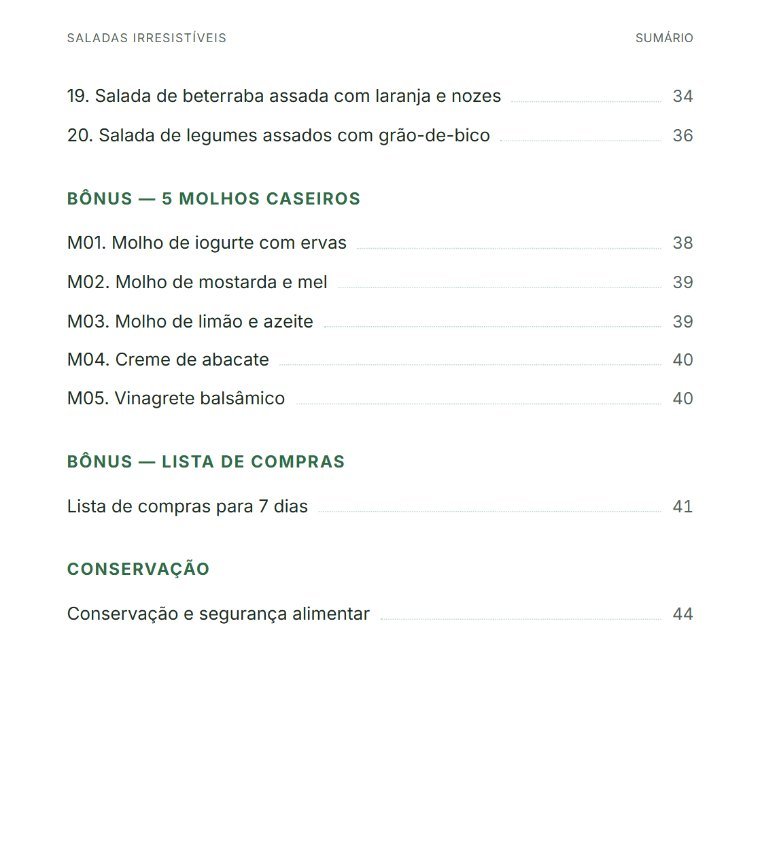 Página real do sumário do ebook, mostrando categorias e bônus