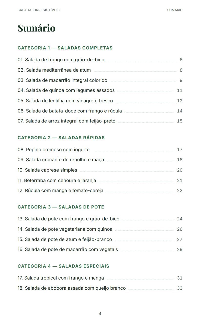 Página do sumário com links para cada receita