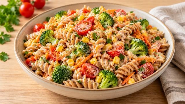 Salada de macarrão integral colorido
