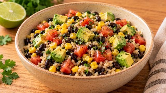 Salada de arroz integral com feijão-preto