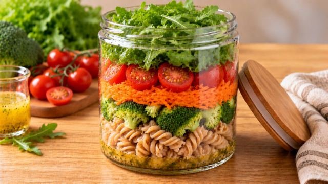 Salada de pote de macarrão com vegetais